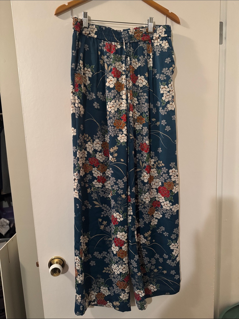 Mango Teal Wide-Leg Floral Satin Feel Pants